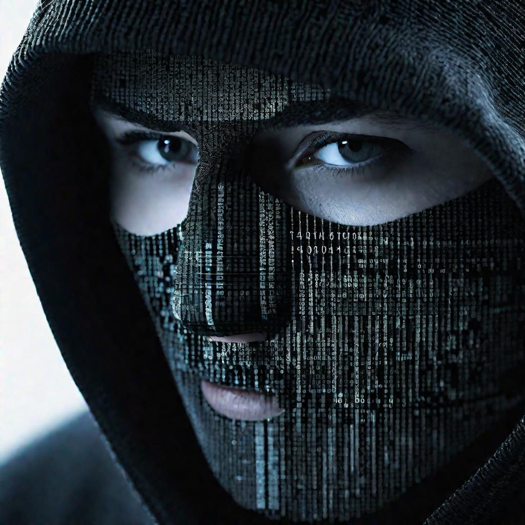 Монитор компьютера с кодами отражается на лице хакера в черной толстовке, демонстрируя шифрование в ISZ