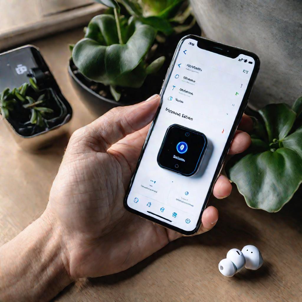 Рука человека держит смартфон с настройками Bluetooth, рядом лежат белые беспроводные наушники