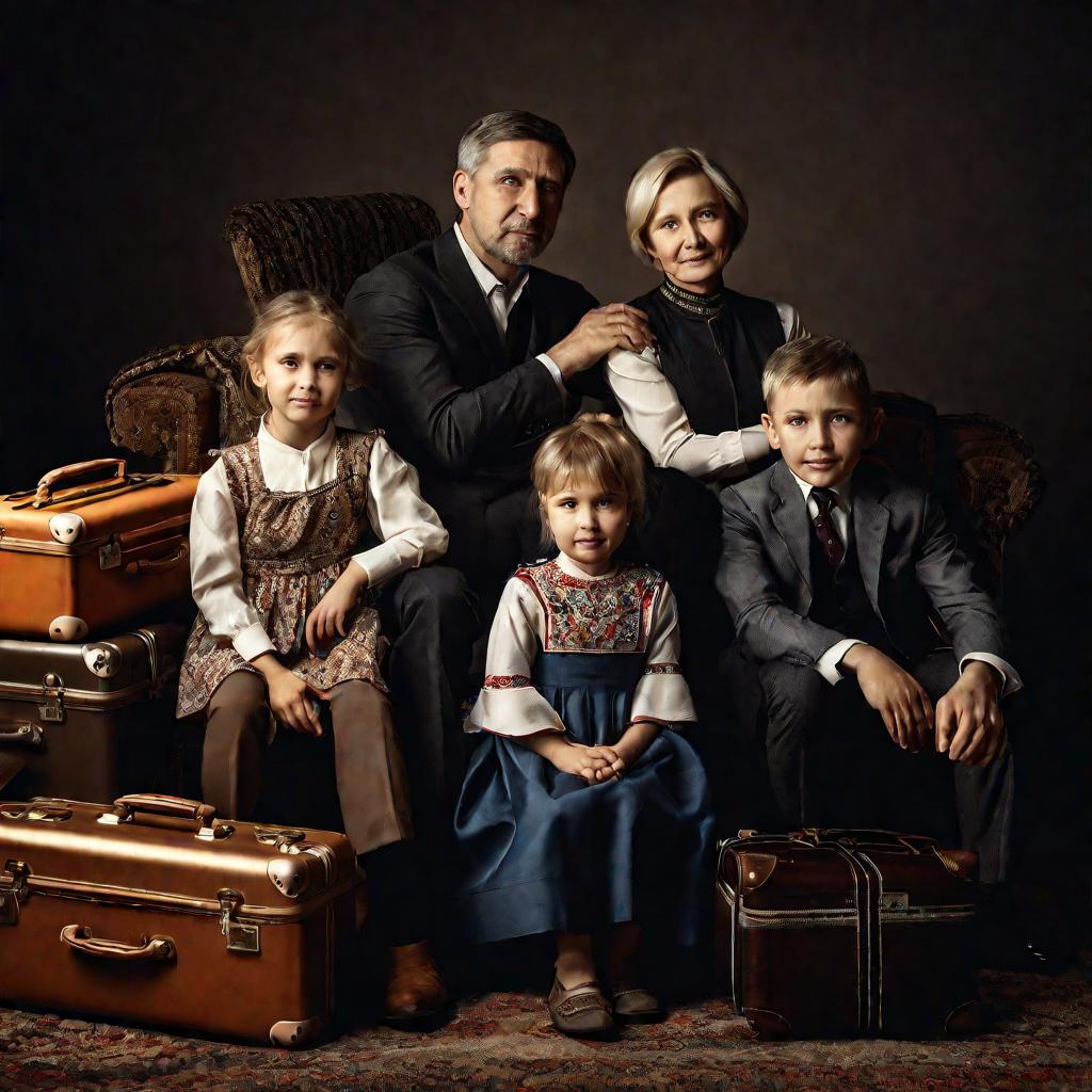 Студийный портрет русской семьи на диване рядом с багажом с контрастным освещением, выражающим их эмоции при переезде без прав собственности.