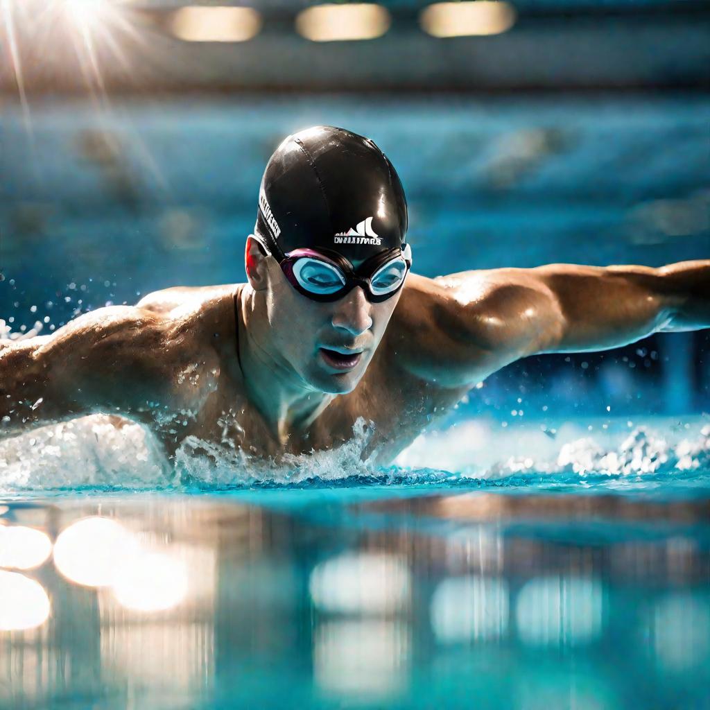 Мускулистый мужчина, плавающий баттерфляем во время утренней тренировки в соревновательном бассейне.