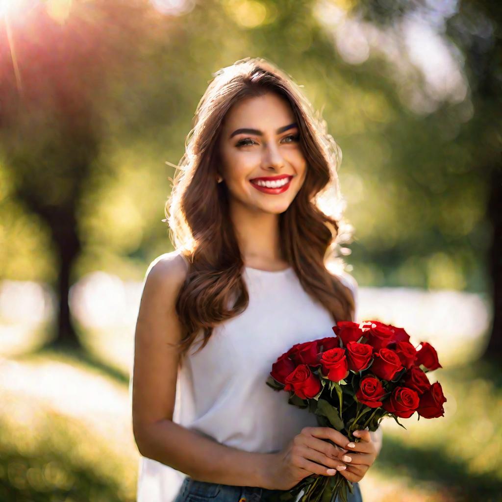 Крупный план: девушка держит букет из 101 красной розы