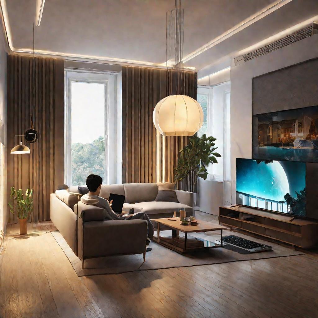 Интерьер современной гостиной с диваном, телевизором, ноутбуком и смартфоном. В комнате яркий теплый уютный свет. Все устройства подключены по Wi-Fi и показывают сильный сигнал. Мужчина расслабленно сидит на диване и листает сайты на ноутбуке.
