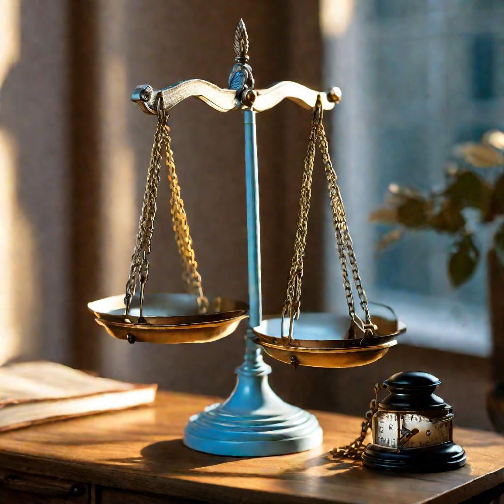 Старые весы правосудия на деревянном столе в солнечном свете из окна