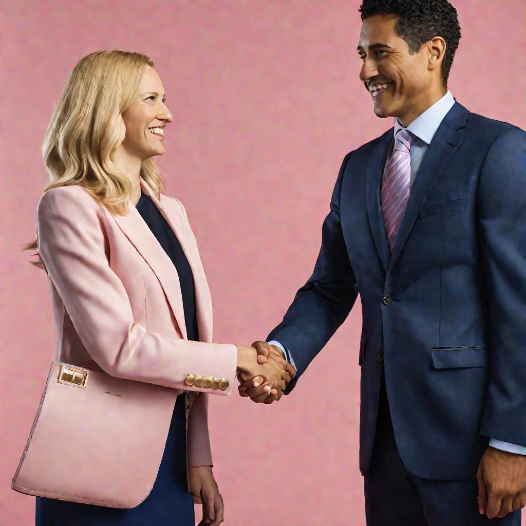 Портрет в студии двоих улыбающихся коллег, мужчины в костюме и женщины в розовом пиджаке, пожимающих руки. Олицетворяют федеральную и региональную власть, их сотрудничество.