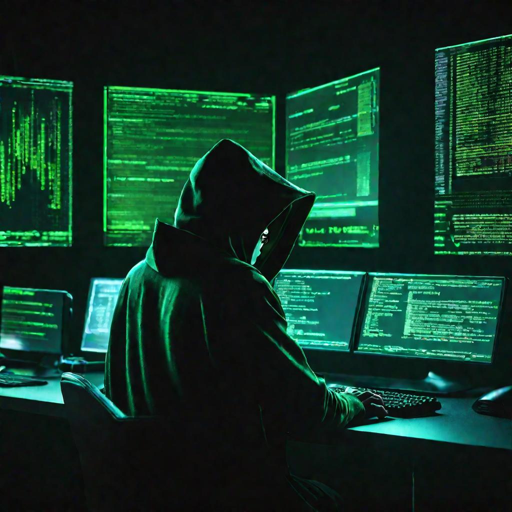 Хакер в темной комнате печатает код на мониторах, подсвеченных зеленым светом