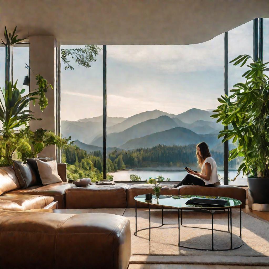 Современная минималистичная гостиная, девушка на диване пользуется смартфоном МТС, подключает обещанный платеж, теплый вечер, вид на горы в окне.
