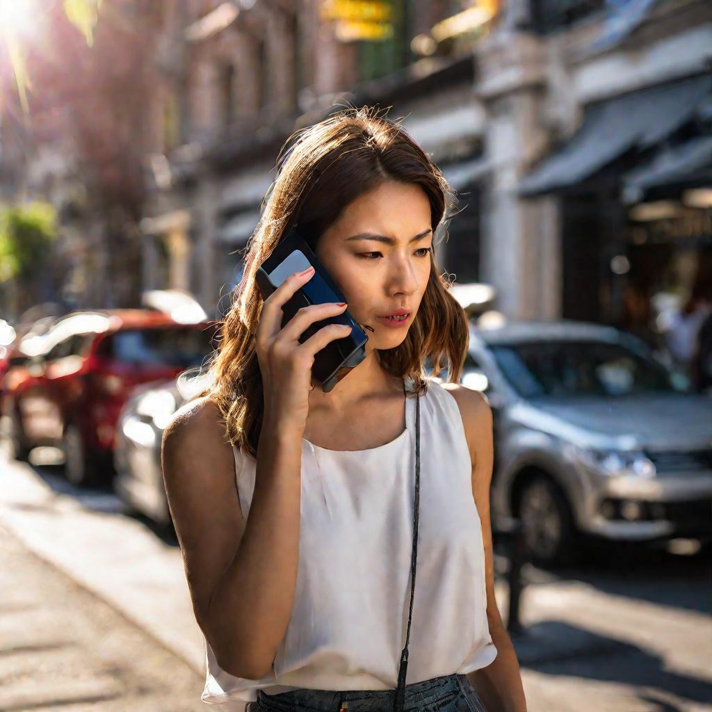 Крупный план молодой женщины с телефоном МТС, она стоит на улице рядом с кафе в жаркий полдень, разговаривает и выглядит обеспокоенной.