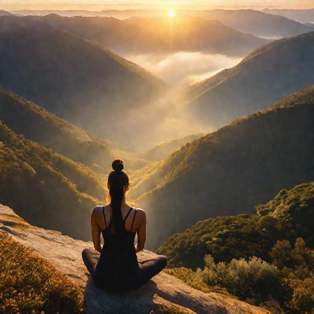 Женщина медитирует на вершине горы на восходе солнца.