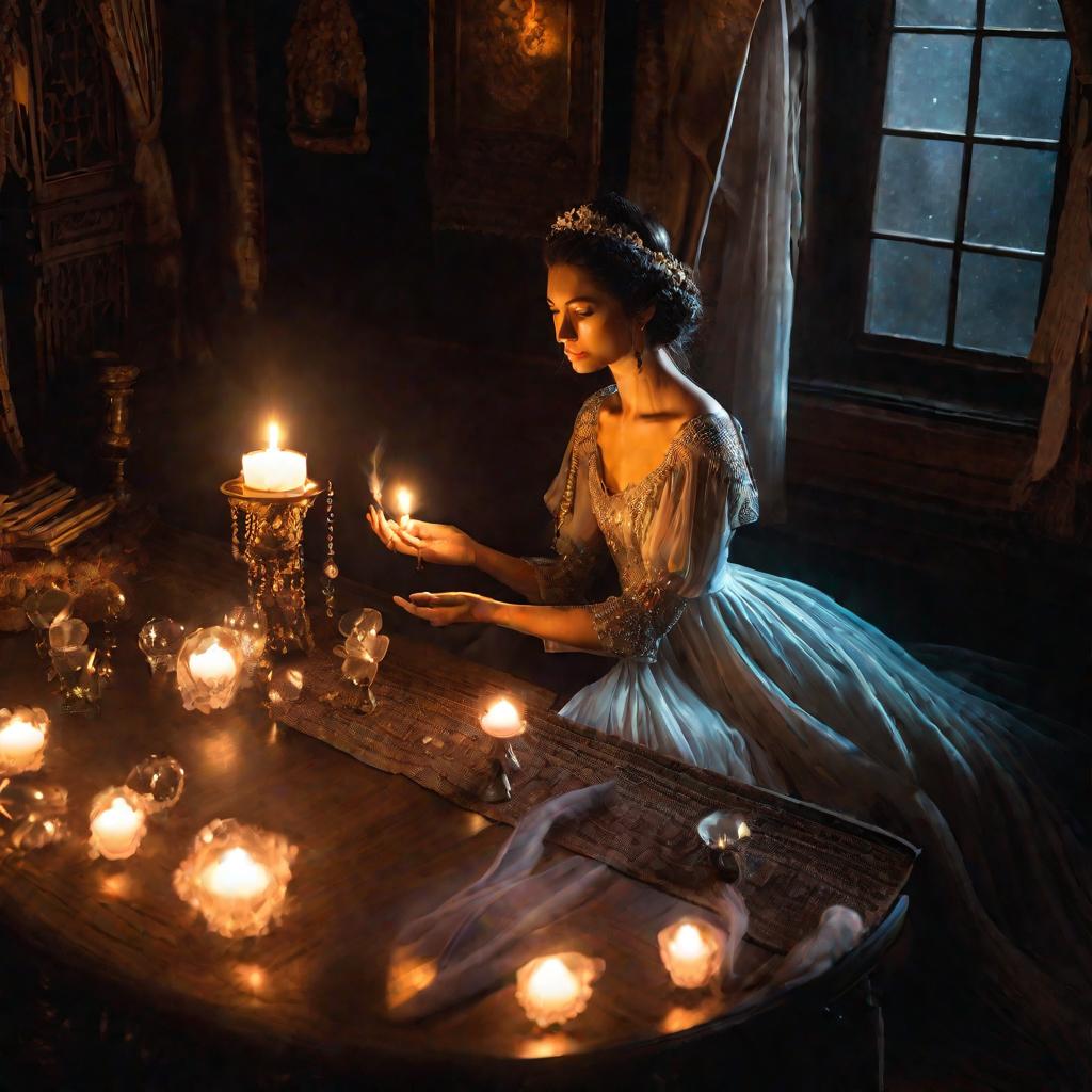 Женщина гадает по хрустальному шару при свечах.