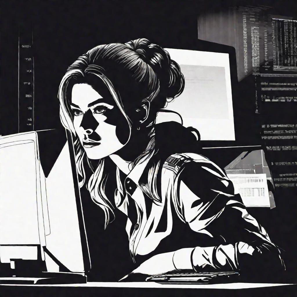 Женщина работает ночью за компьютером