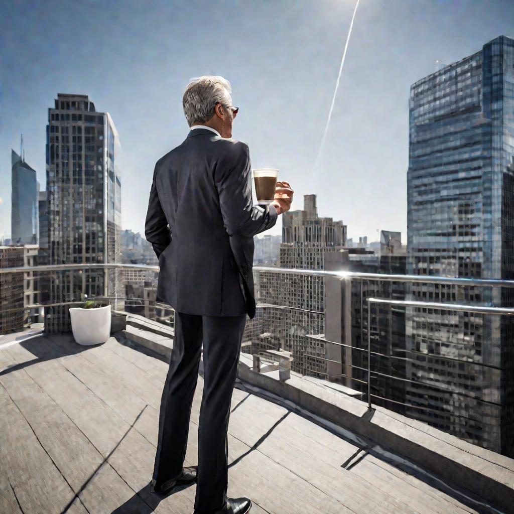 Бизнесмен стоит на крыше небоскреба