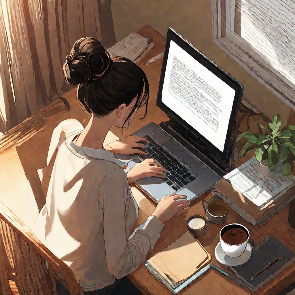 Вид сверху на молодую женщину, сидящую за столом и внимательно смотрящую на экран ноутбука. Солнечный свет проникает сквозь наполовину задернутые коричневые шторы. На столе лежит блокнот, карандаш и кружка с кофе. Она сосредоточена, одета в повседневную о