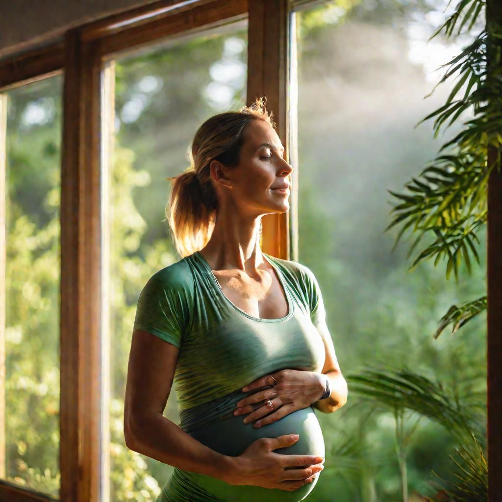 Беременная женщина смотрит в окно спортивного зала на рассвете