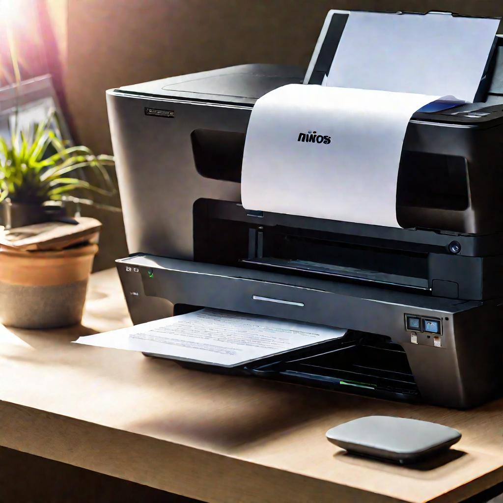 Сканер обрабатывает стопку бумажных документов, результат сканирования отображается на мониторе ноутбука