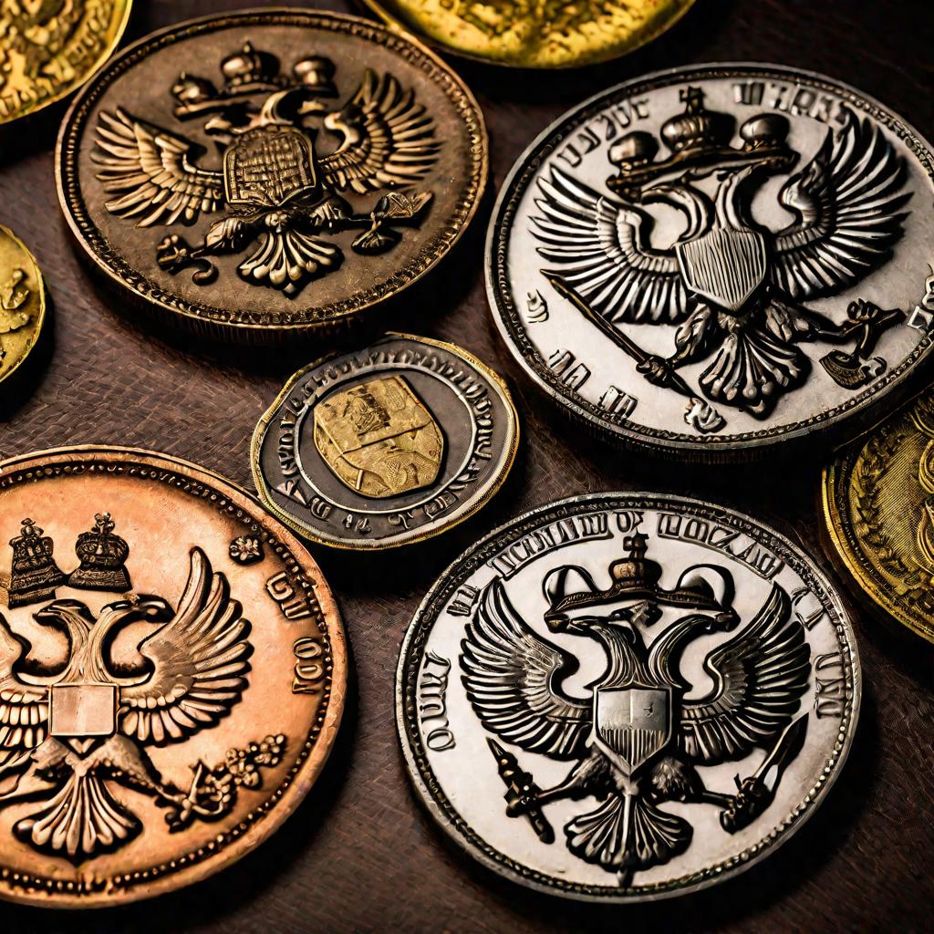 Крупным планом три старинные русские монеты разных эпох при боковом освещении на столе
