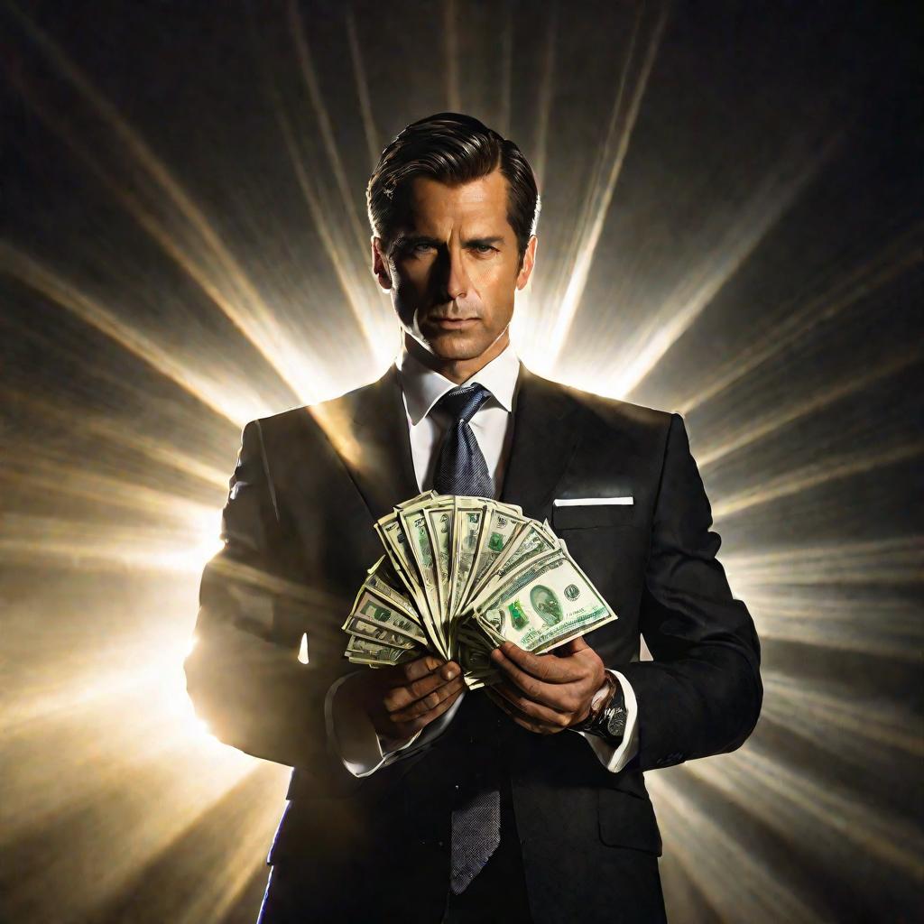 Человек в костюме держит пачку денег на фоне окна с лучами света, создающими свечение на деньгах