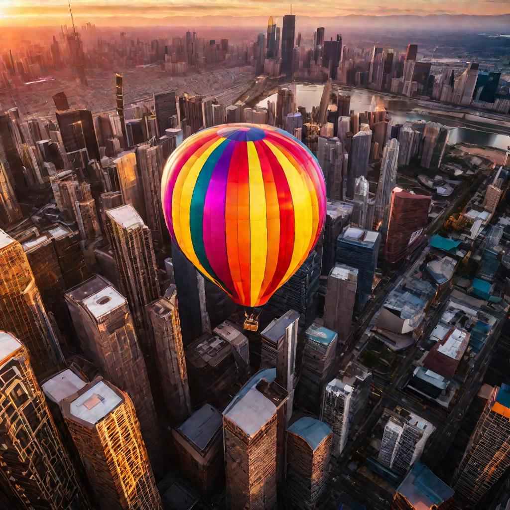 Огромный яркий воздушный шар в форме копилки парит над городом на фоне драматичного заката