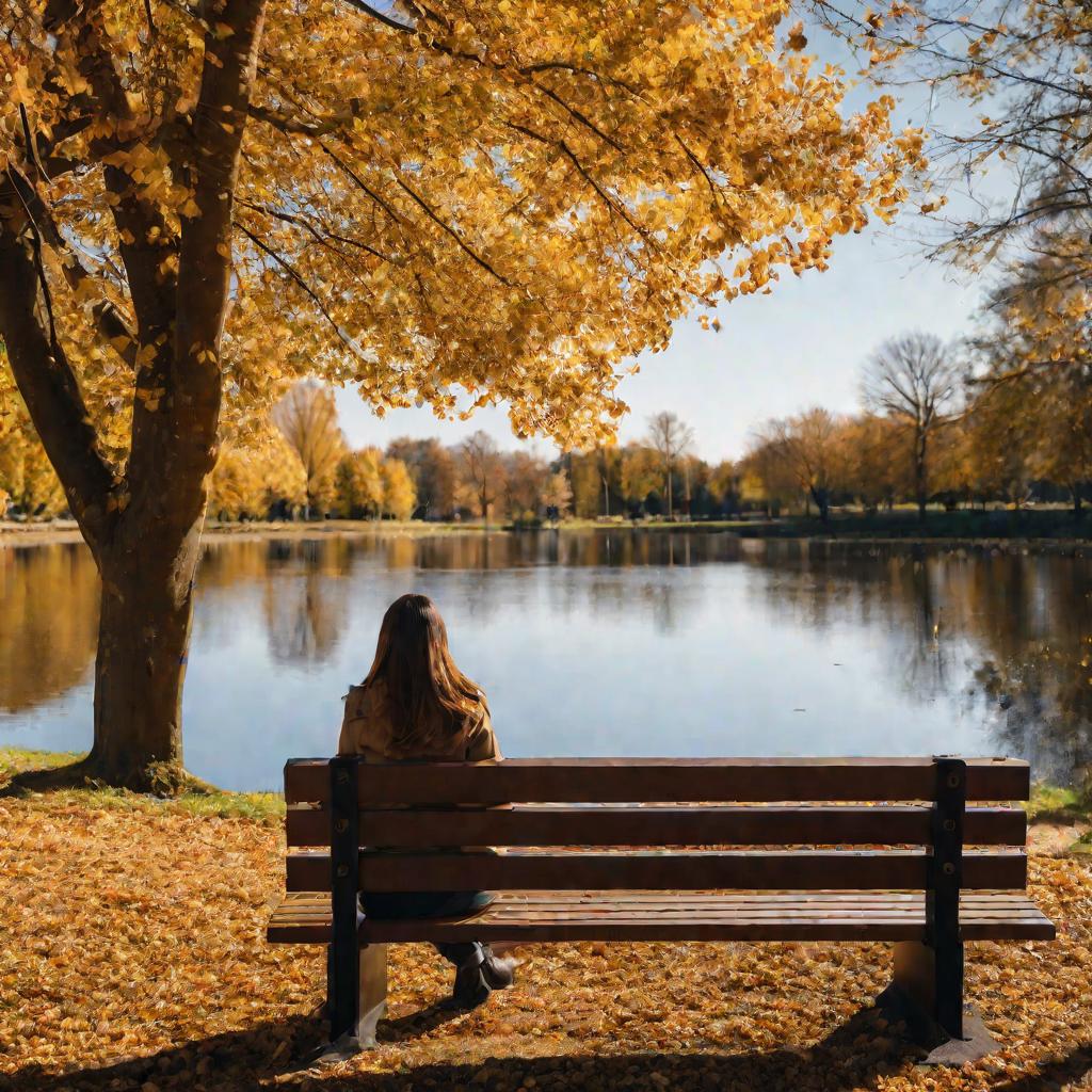 Девушка с постакне рубцами на скамейке в парке осенью