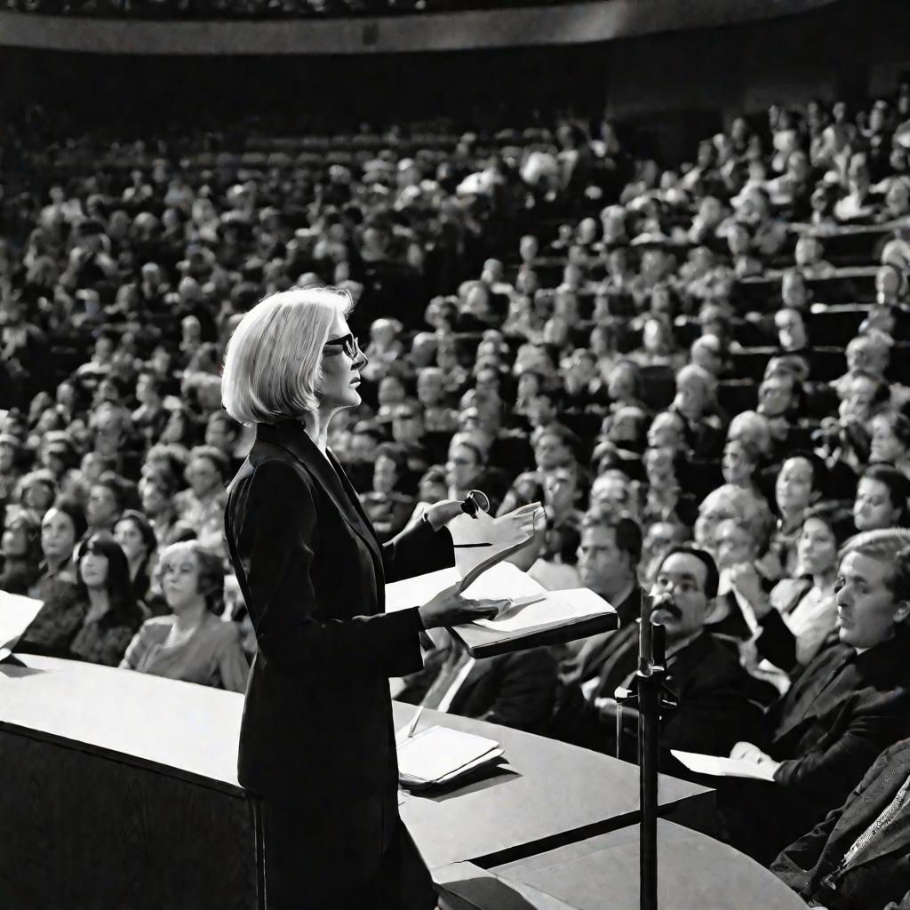 Женщина выступает с лекцией перед большой аудиторией