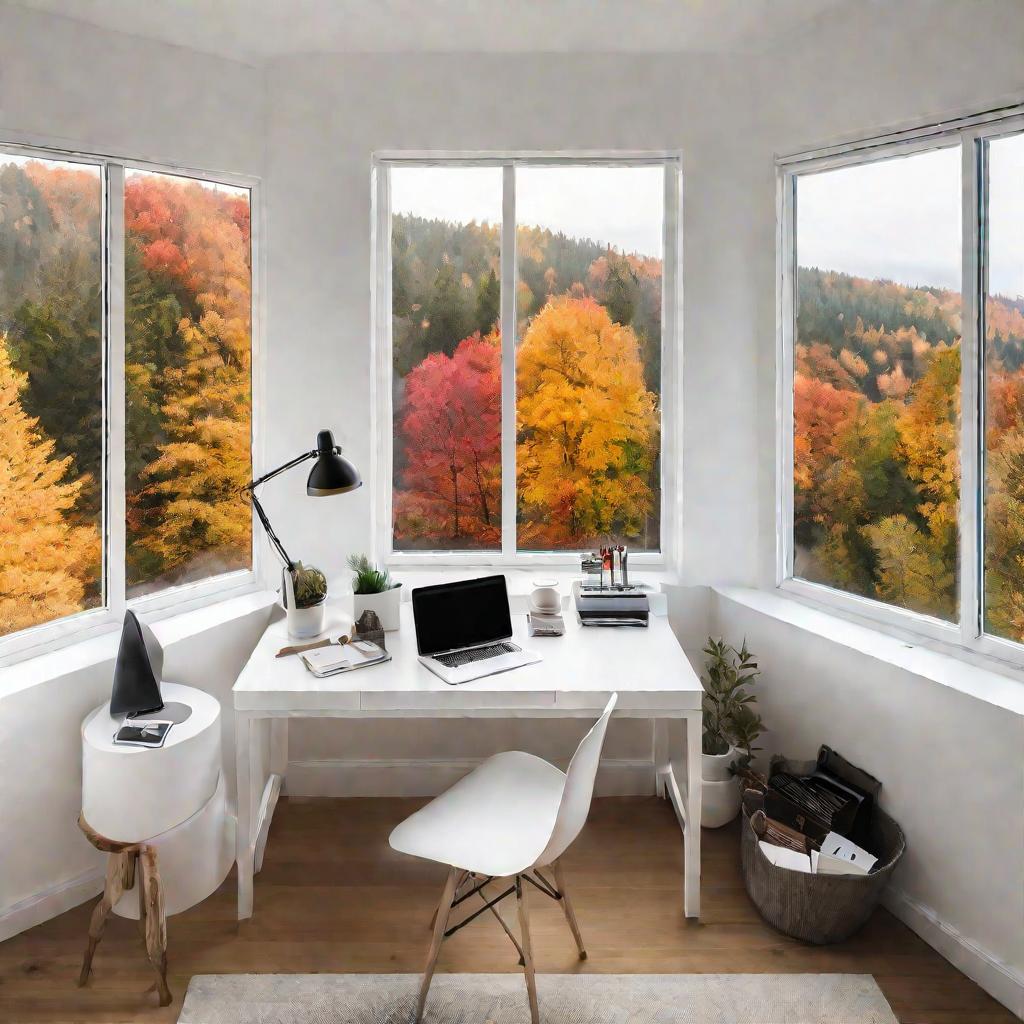 Сверху виден современный минималистический домашний офис с обзором солнечного осеннего пейзажа в большое окно. На белом столе стоит ноутбук, тетрадь, ручка и кружка с паром. Освещение мягкое.