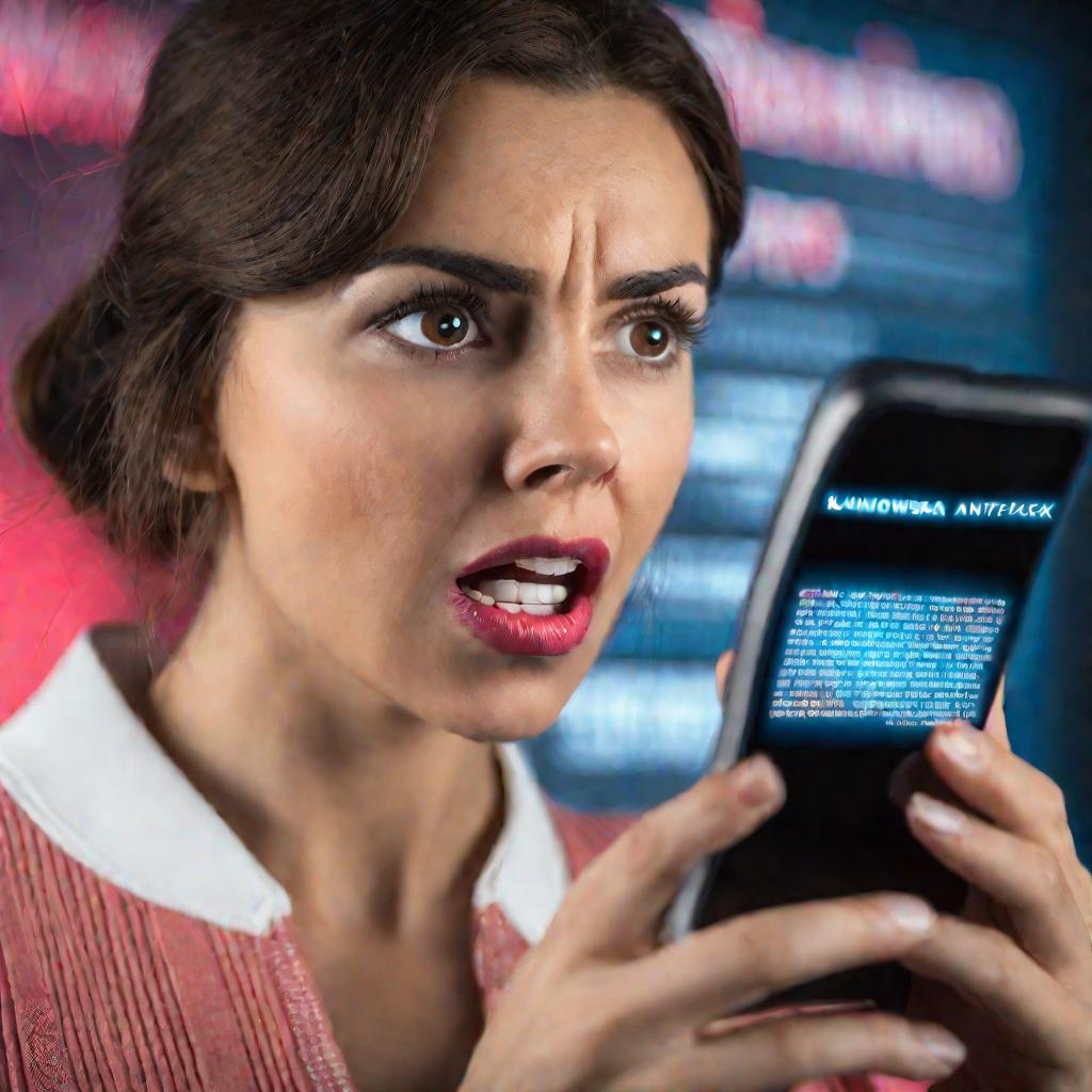 Женщина с удивленным лицом смотрит на экран своего смартфона, где высвечивается предупреждение антивируса о вымогательском ПО.