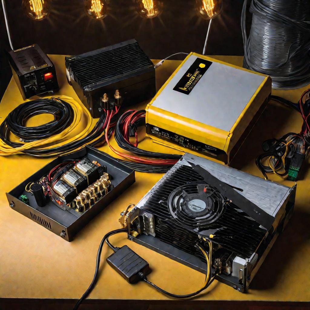 Вид сверху на открытый синусоидальный инвертор на верстаке, с видимыми электрическими компонентами и печатными платами. Освещение от круглой желтой лампы создает высококонтрастное драматичное освещение. Внутри инвертора большие транзисторы, конденсаторы и