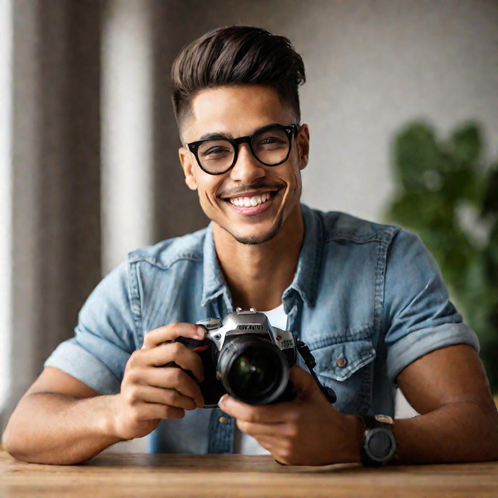 Портрет молодого человека, изучающего настройки зеркального фотоаппарата