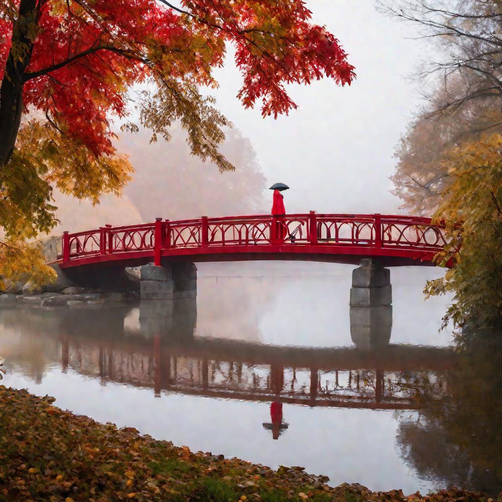 Женщина-фотограф снимает туманный парк осенью с моста на штативе