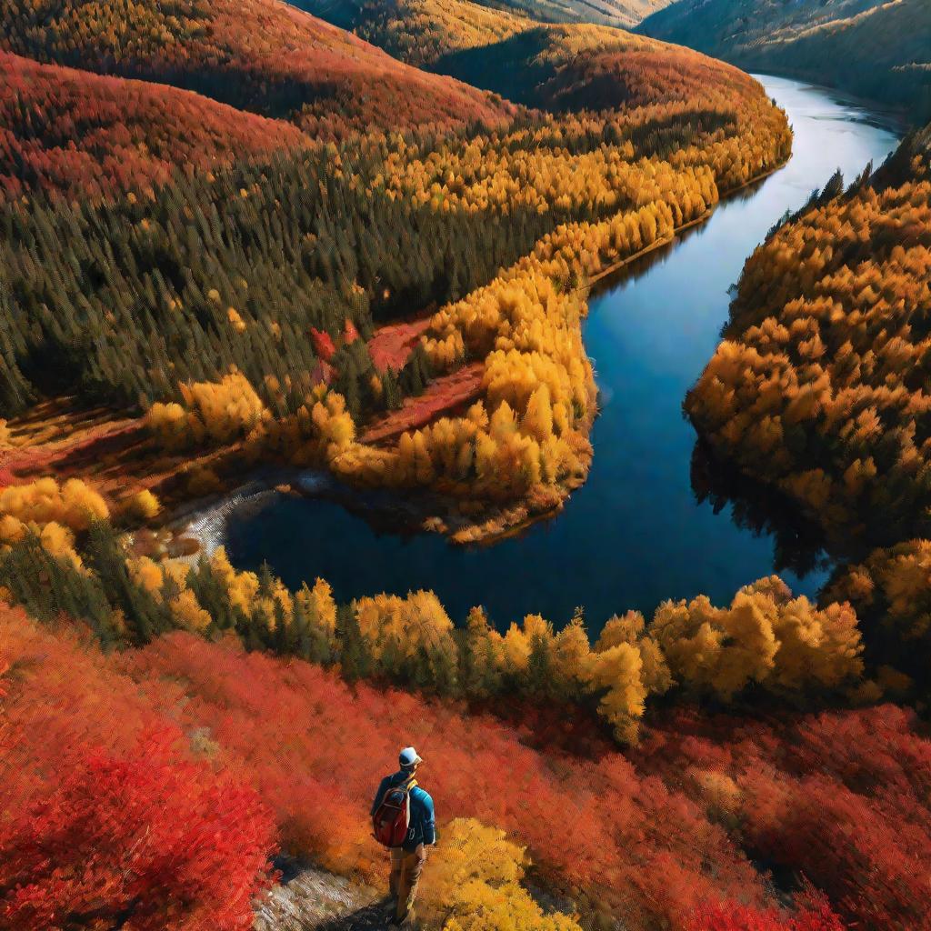 Лес осенью с человеком с компасом
