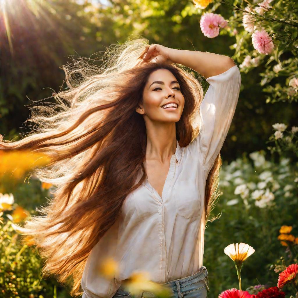 Широкий фото женщины с очень длинными, густыми и пышными волосами, гуляющей по солнечному саду с красочными цветами и деревьями. Она откидывает волосы, и они драматично развеваются на ветру. Солнечный свет ярок и теплый, освещая ее волосы. Настроение радо
