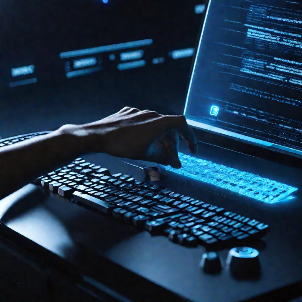 Широкий кинематографический кадр руки, нажимающей кнопку «Дефрагментировать» на клавиатуре, при этом на экране позади отображается компьютерный код, на темном фоне с пульсирующими неоново-синими акцентами, исходящими от экрана.