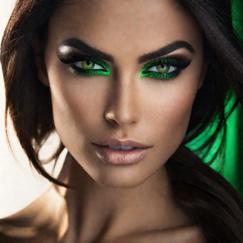 Портрет женщины с длинными темно шоколадными волосами и зелеными глазами в драматичном освещении