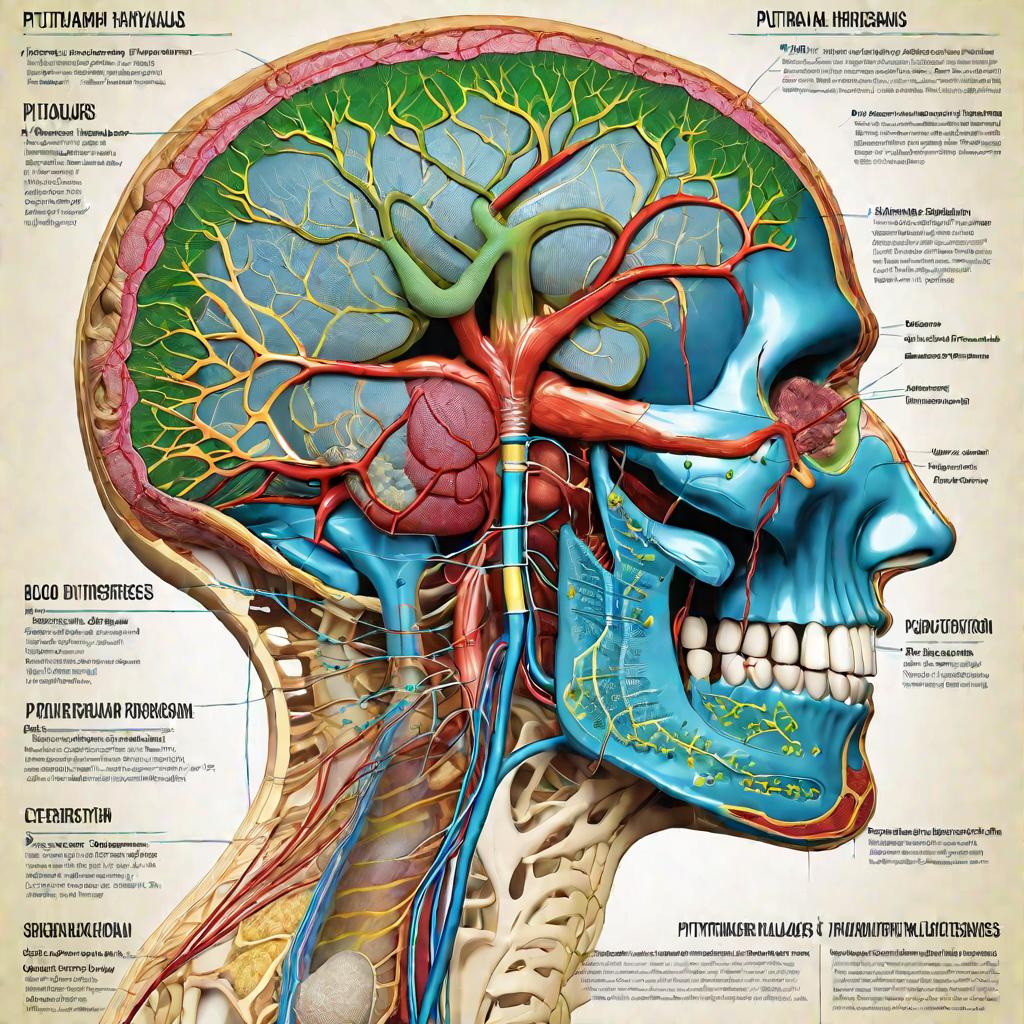 Детальная схема гипофиза и гипоталамуса с нервными путями и кровеносными сосудами в ярких цветах