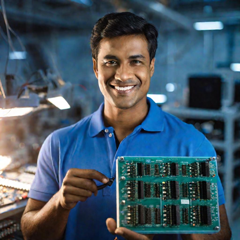 Портрет инженера в синей рубашке, держащего печатную плату стабилизатора напряжения на фоне высокотехнологичной лаборатории