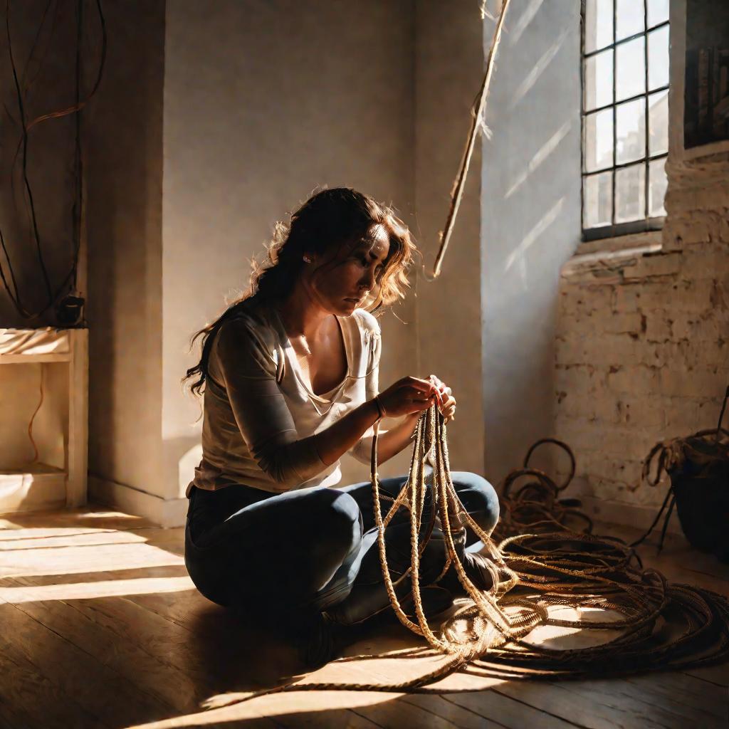Женщина распутывает кучу веревок и ниток на полу освещенной комнаты
