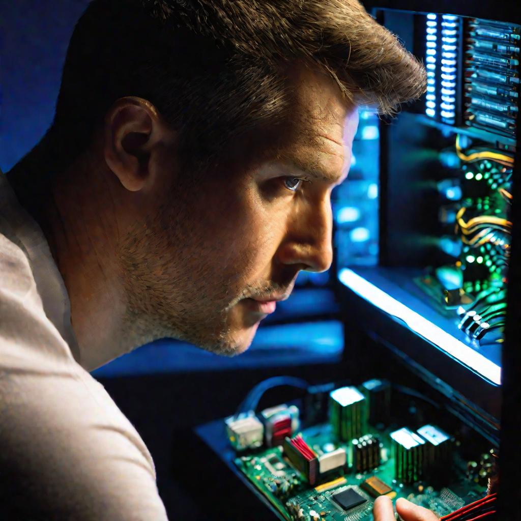 Мужчина внимательно изучает планки оперативной памяти, установленные в системный блок компьютера