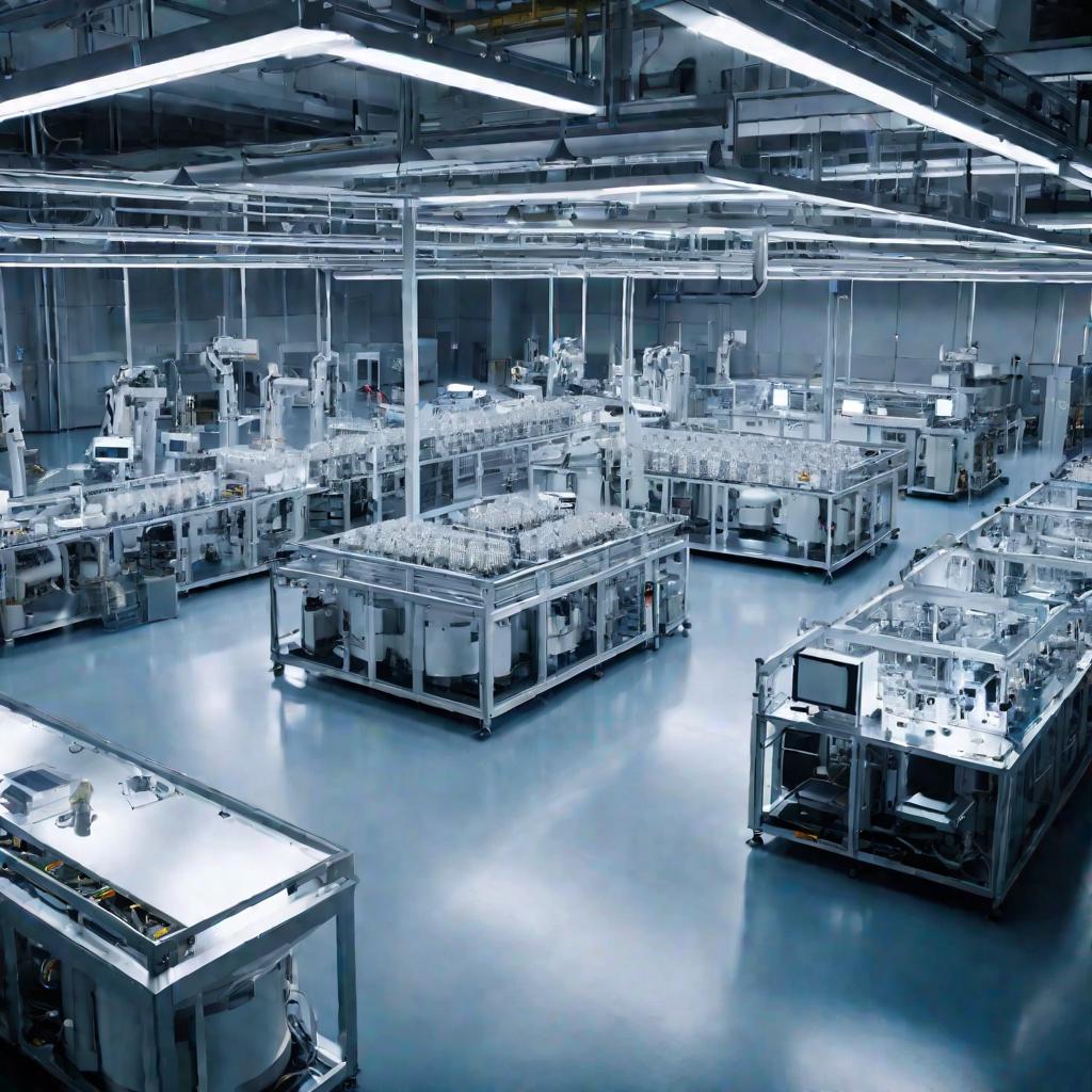 Воздушный вид чистого цеха современной фабрики по производству микросхем памяти