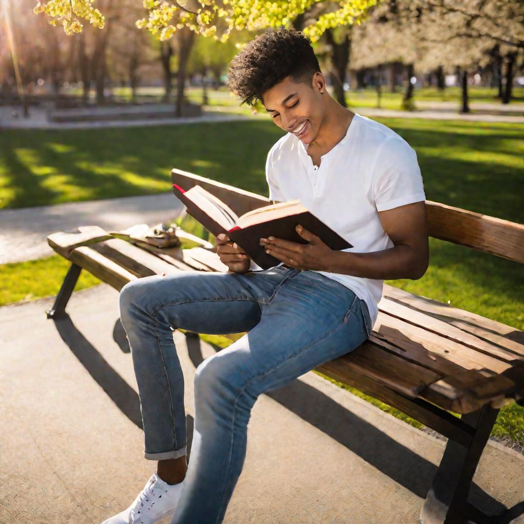 Молодой человек читает книгу на скамейке в парке