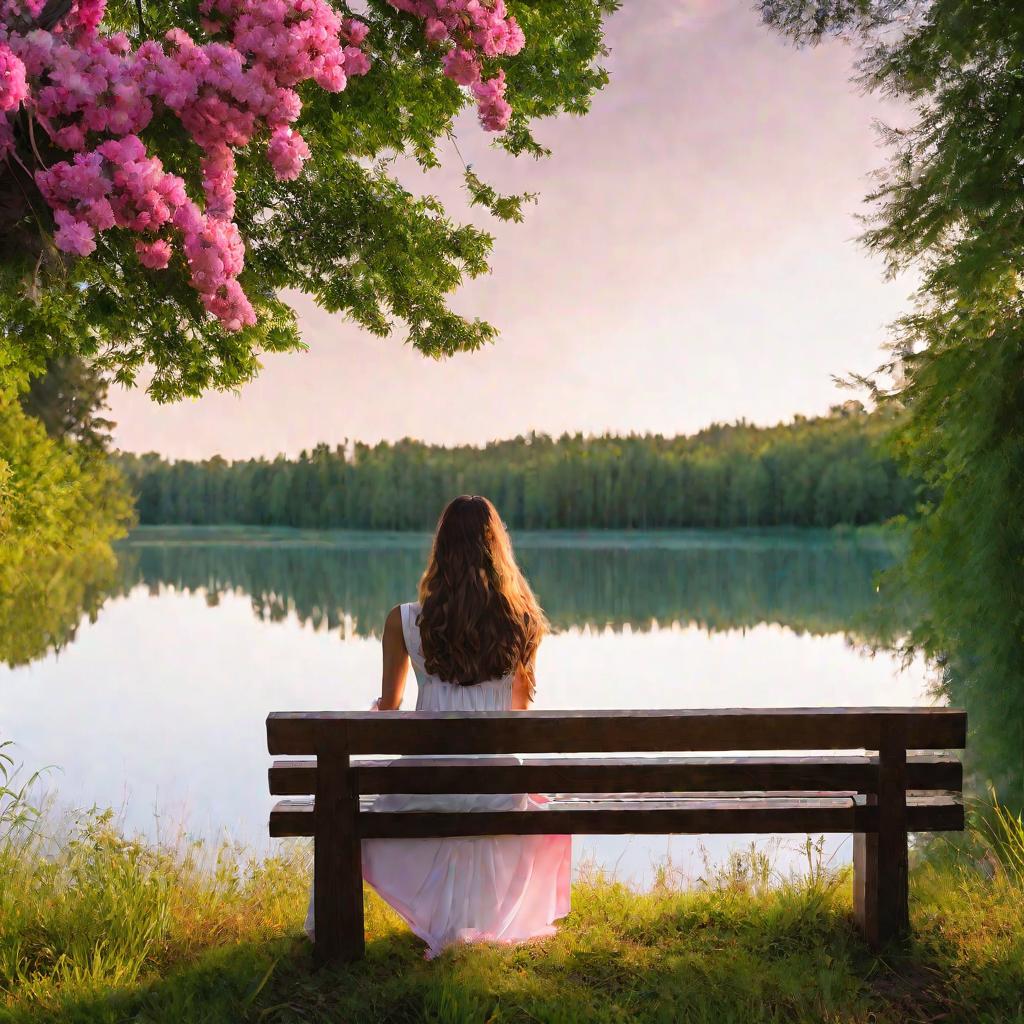 Девушка на скамейке у озера, погруженная в ревнивые мысли
