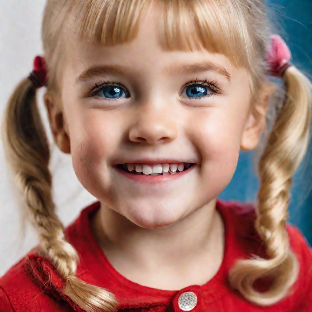 Портрет улыбающейся девочки лет 5 в красной футболке с радостным возбужденным выражением.