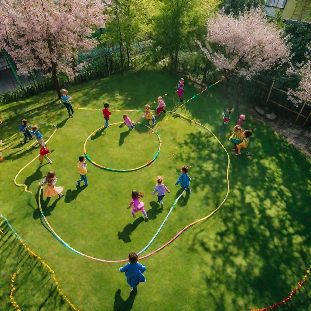 Дети играют на свежем воздухе во дворе детского сада в солнечный весенний день.