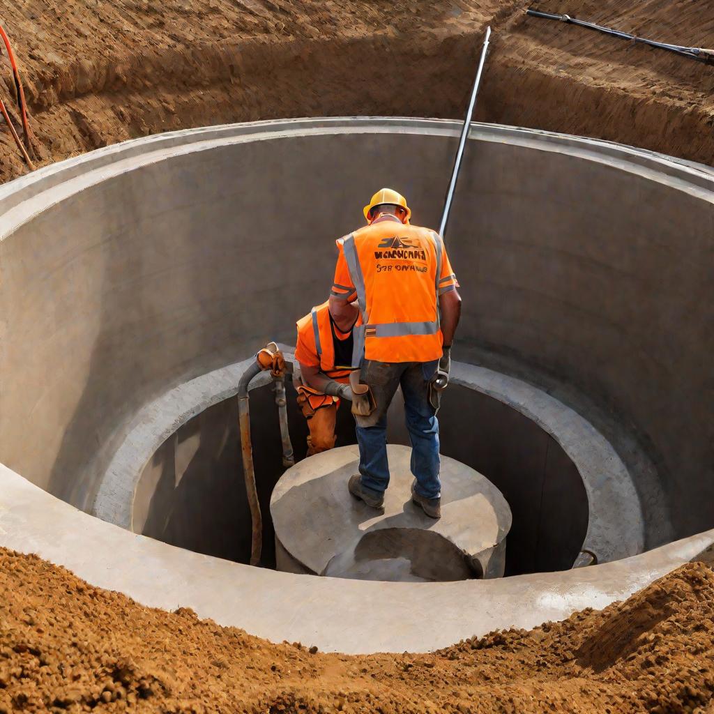 Рабочие подключают трубы к бетонной емкости для канализации