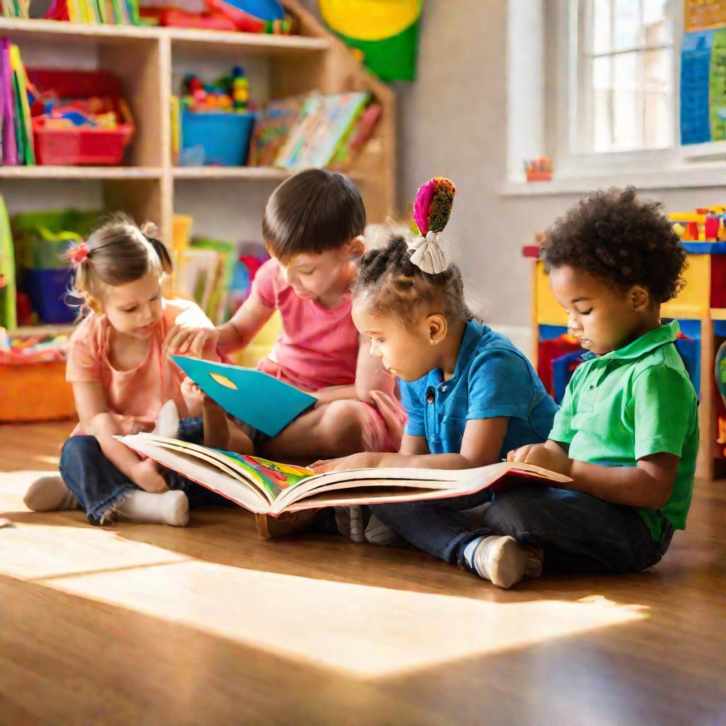 Воспитатель читает книгу трем дошкольникам, сидящим на ковре в группе детского сада