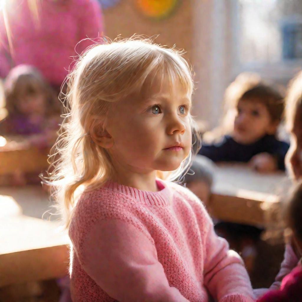 Девочка в разговоре с воспитателем в игровой комнате детского сада зимним утром