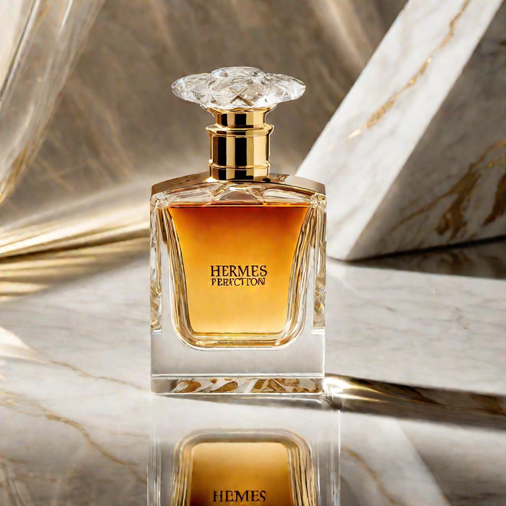 Бутылочка духов Hermes с золотыми деталями на мраморе, крупным планом