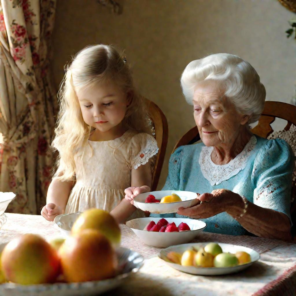 Бабушка кормит внучку фруктами в домашней обстановке.