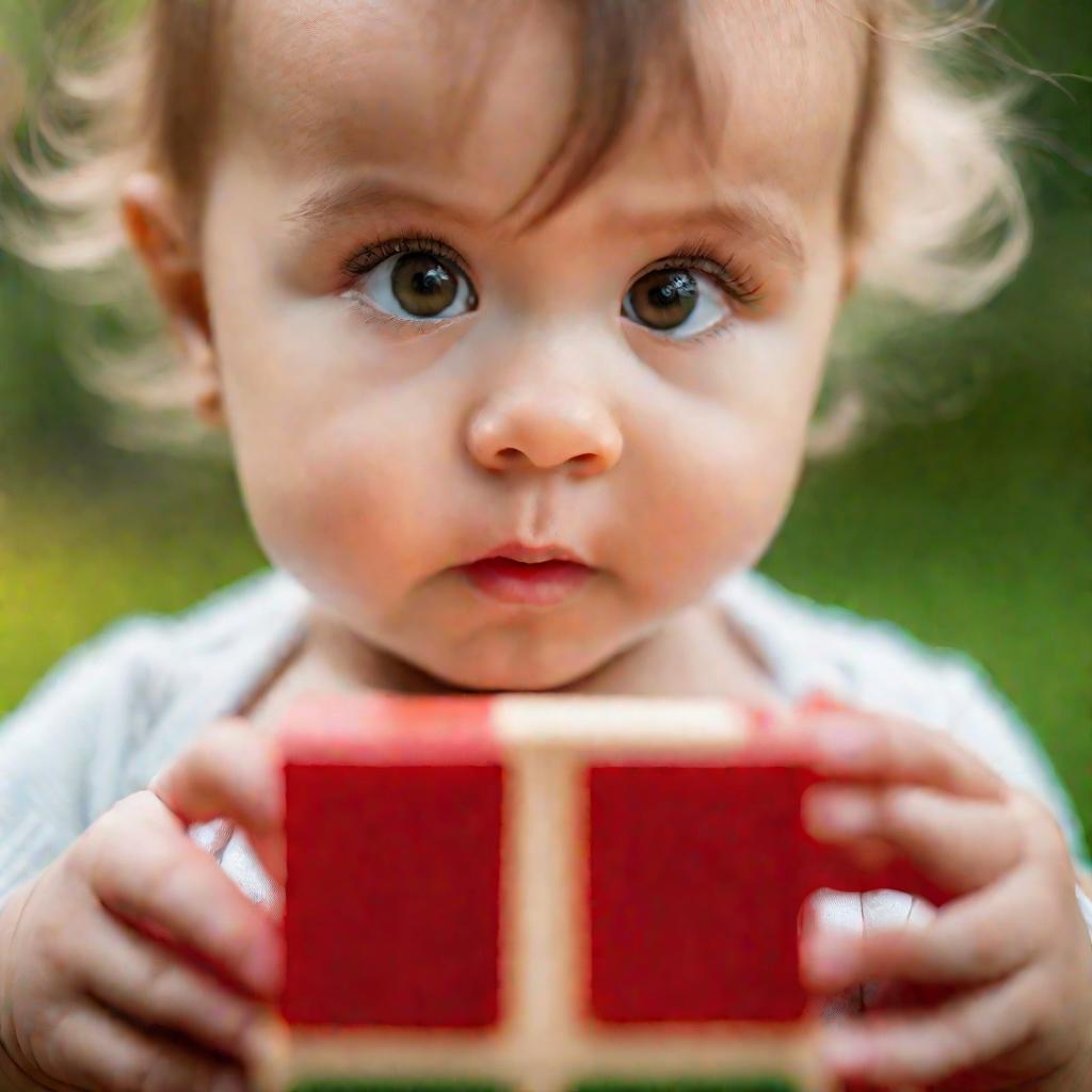Малыш рассматривает деревянный кубик