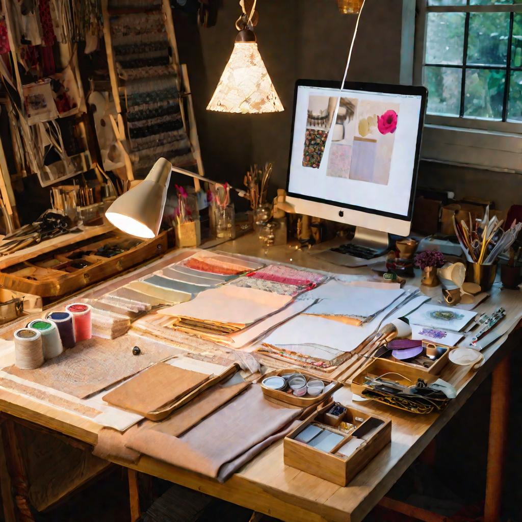 Рабочий стол дизайнера одежды с инструментами и лекалами
