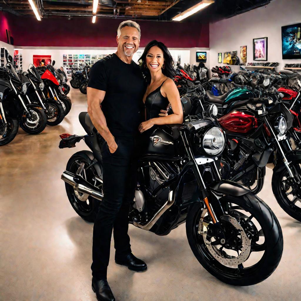 Мужчина и женщина в черной мотоэкипировке стоят, обнявшись, перед белым мотоциклом для начинающих в ярко освещенном салоне мотодилера, заполненном разноцветными мотоциклами и аксессуарами, и улыбаются, радуясь началу совместных мотопутешествий