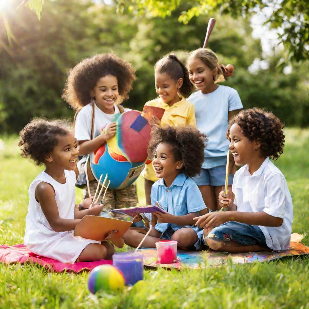 Разнообразная группа счастливых улыбающихся детей, собравшихся на улице в яркий солнечный день. Они заняты разными интересными занятиями, такими как игра в мяч, рисование, чтение книг и коллективное музицирование.